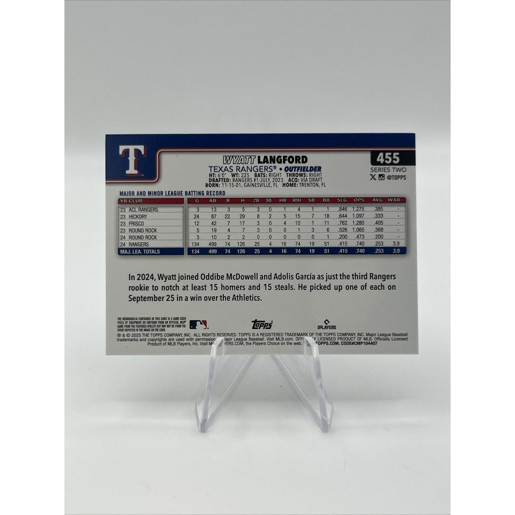2025 Topps Series 2 ~ Wyatt Langford ~ Game Used Relic Foil ~ #455 ~ Rangers