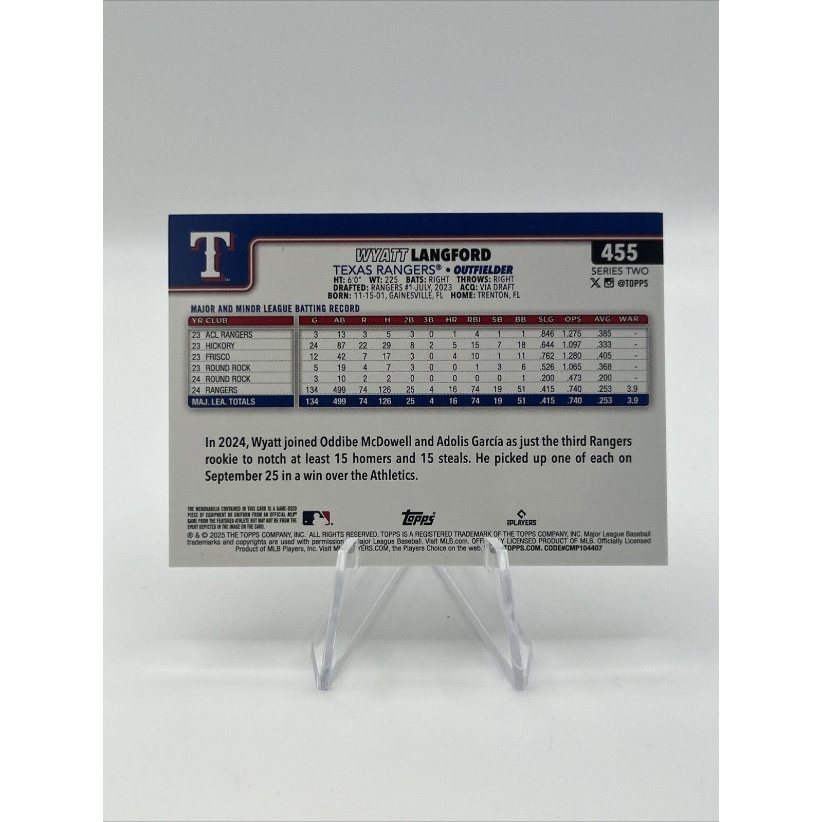 2025 Topps Series 2 ~ Wyatt Langford ~ Game Used Relic Foil ~ #455 ~ Rangers
