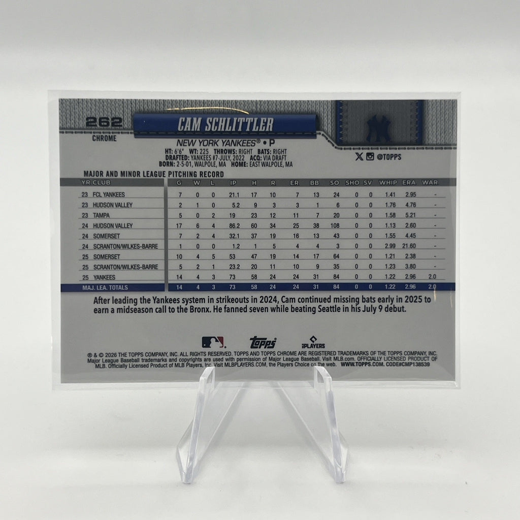 2026 Topps Chrome Cam Schlittler #262 Rookie New York Yankees