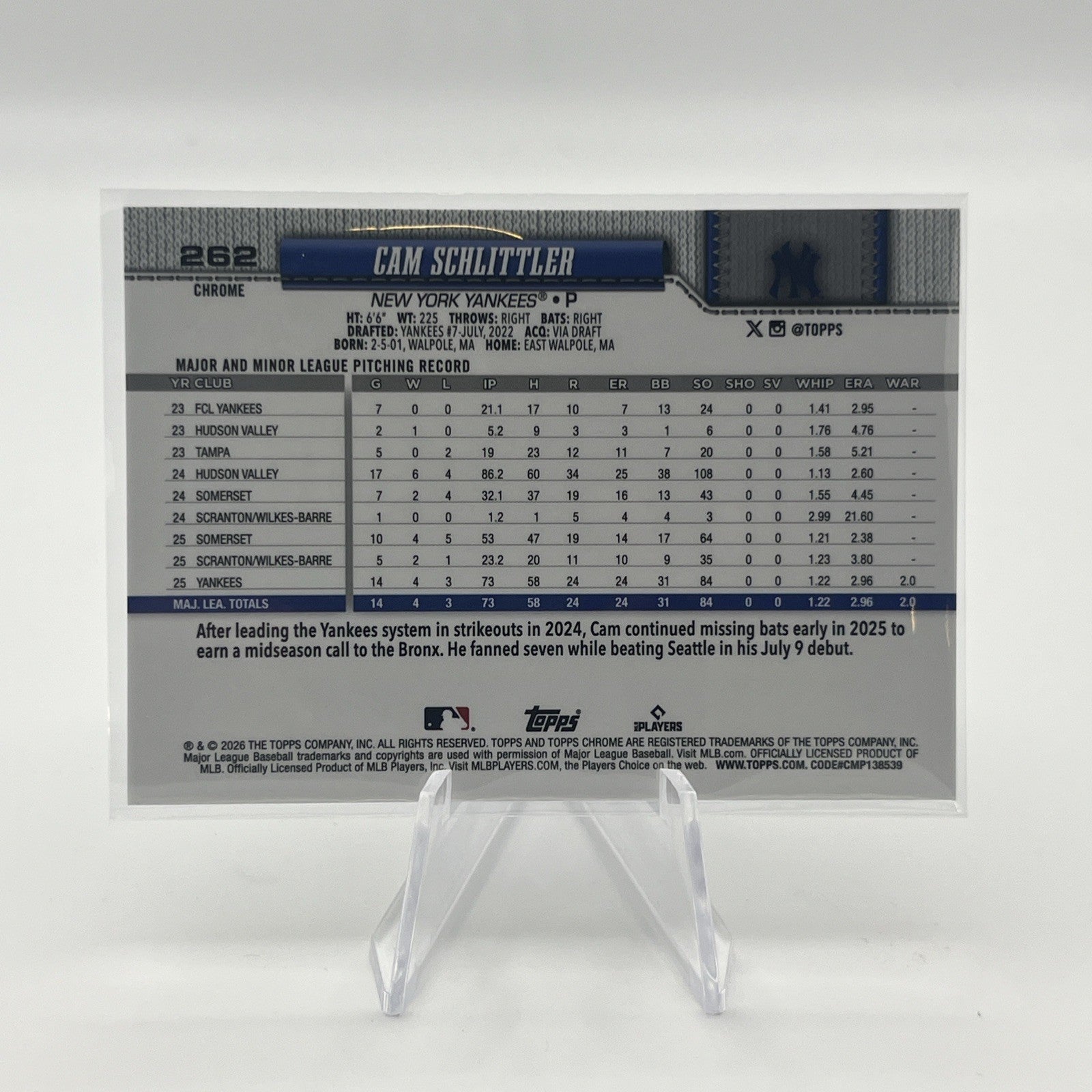 2026 Topps Chrome Cam Schlittler #262 Rookie New York Yankees