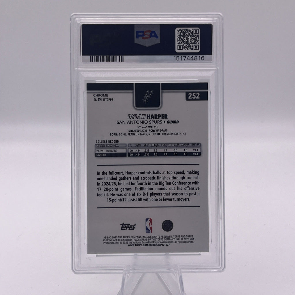 2025 TOPPS CHROME DYLAN HARPER ROOKIE TRUE AQUA REFRACTOR /199 PSA 10 SPURS RC