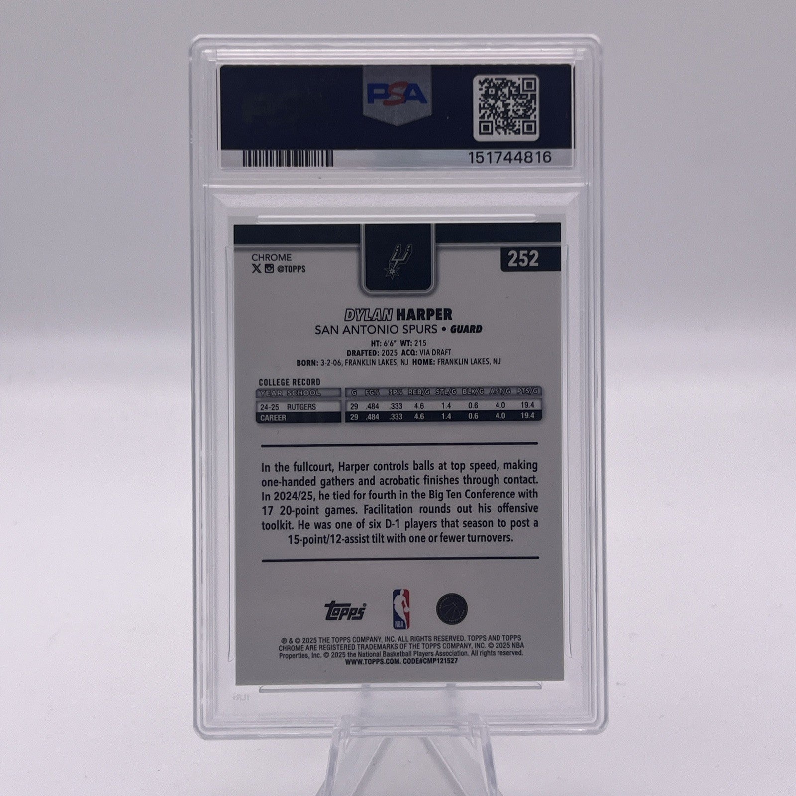 2025 TOPPS CHROME DYLAN HARPER ROOKIE TRUE AQUA REFRACTOR /199 PSA 10 SPURS RC