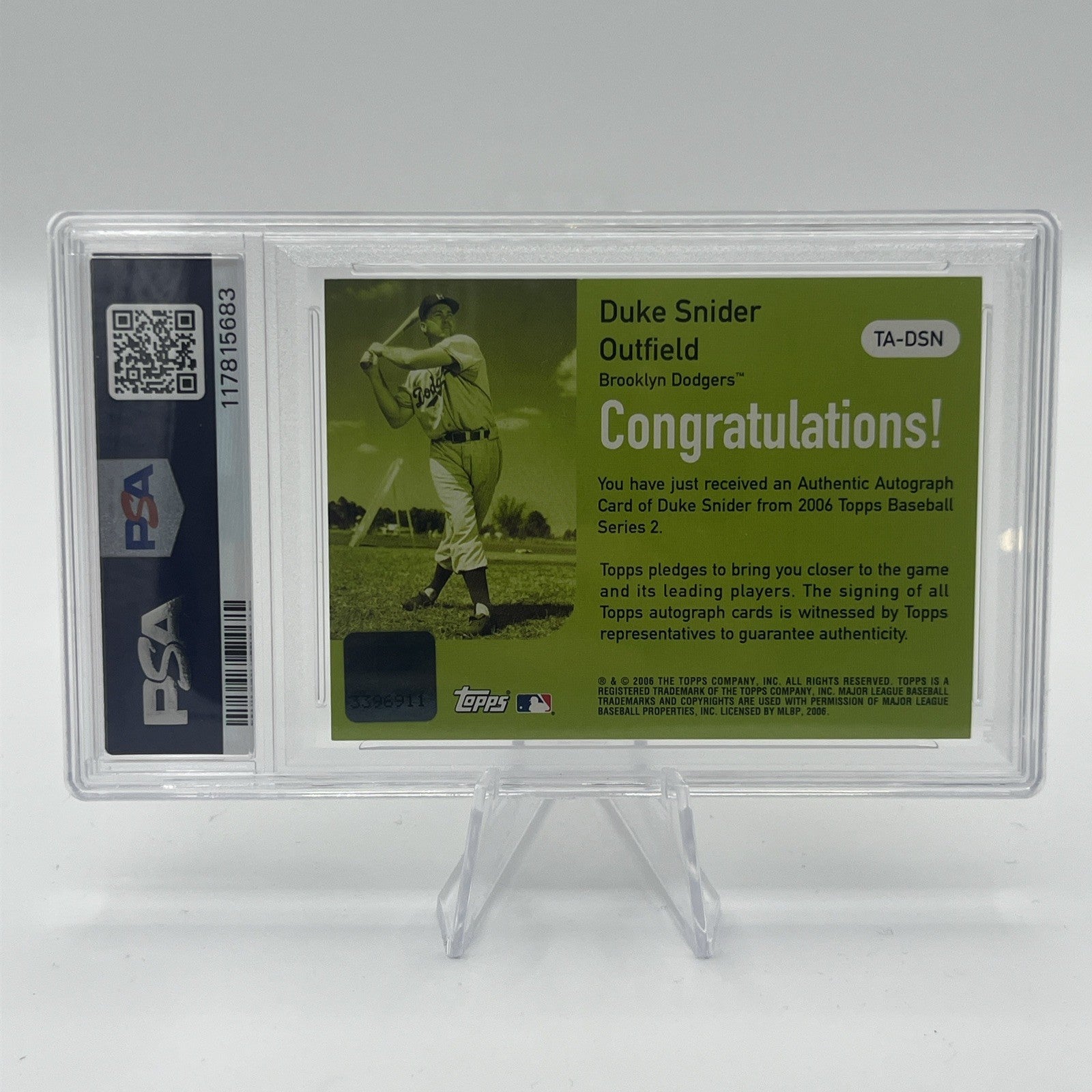 2006 Topps Duke Snider Certified Auto Green PSA 9