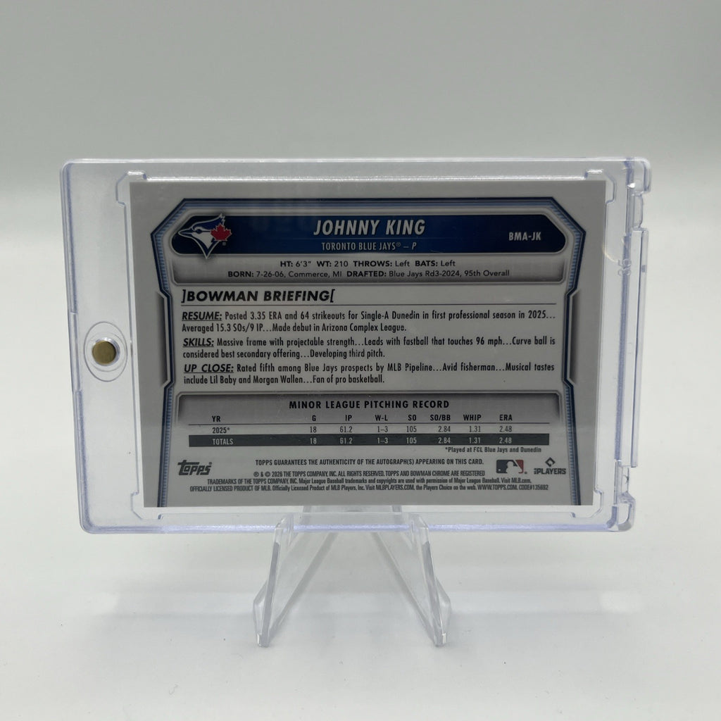 2026 Bowman Chrome Johnny King BMA-JK Black & White Auto #/15 Toronto Blue Jays