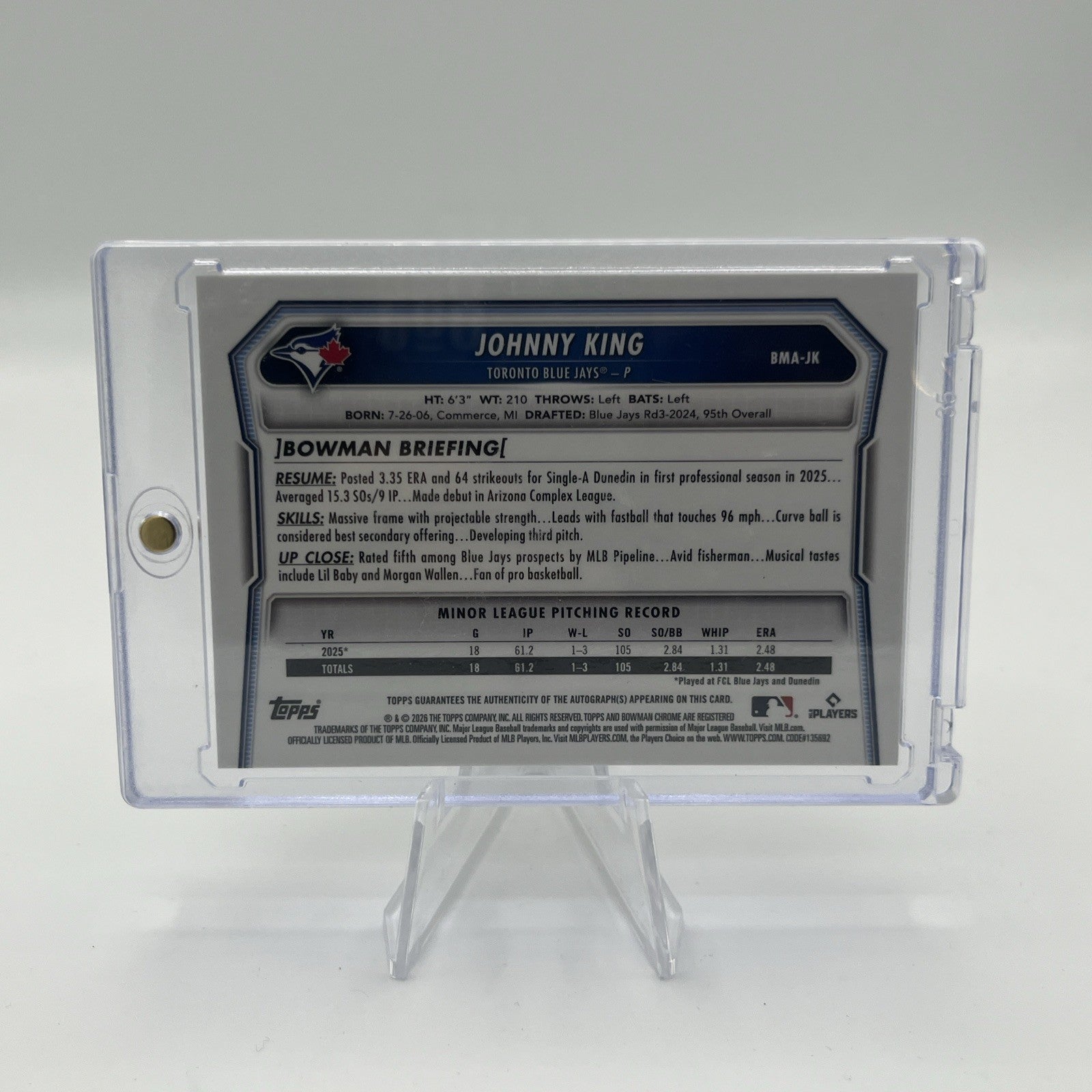 2026 Bowman Chrome Johnny King BMA-JK Black & White Auto #/15 Toronto Blue Jays