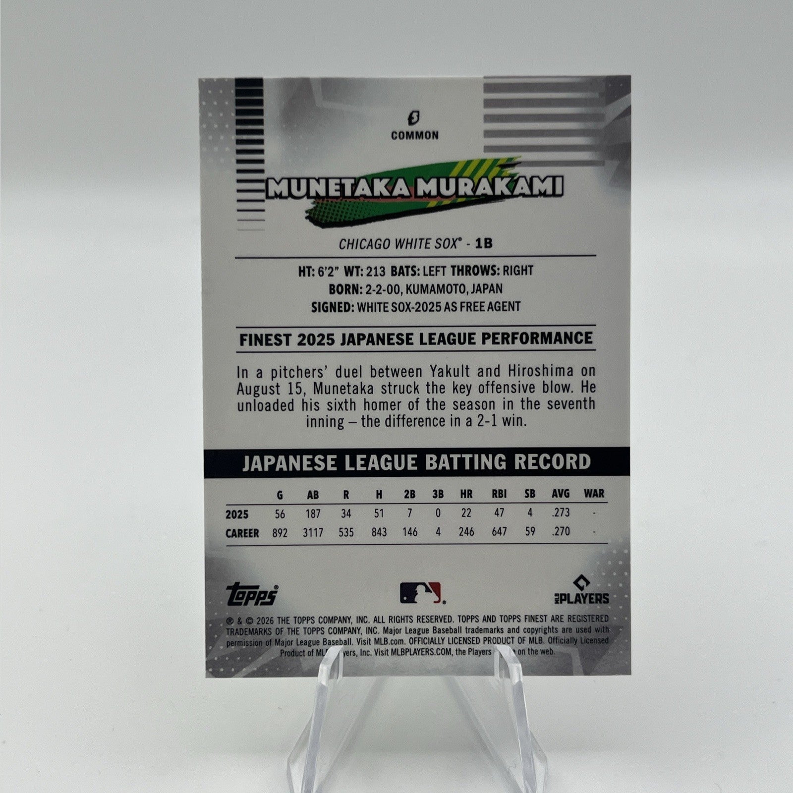 2026 Topps Finest Munetaka Murakami #5 True Yellow Refractor #/275