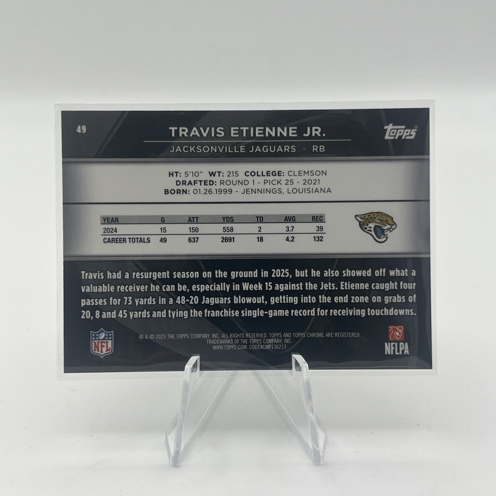 2025 Topps Chrome Black Travis Etienne Jr. #49 Gold Mini-Diamond Refractor #/50