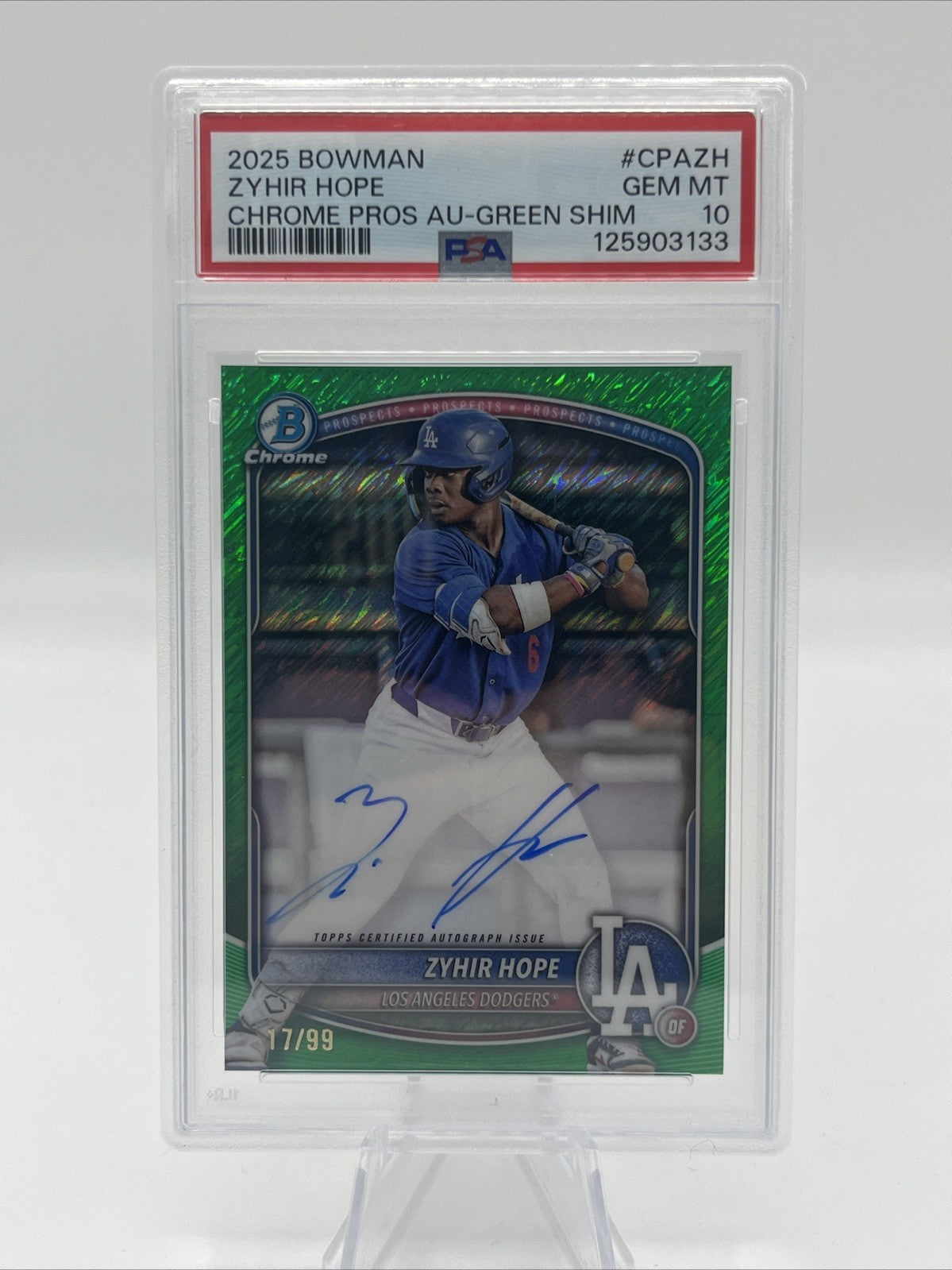 2025 BOWMAN CHROME PROSPECT AUTOS #CPAZH ZYHIR HOPE GREEN SHIMMER #/99 PSA 10