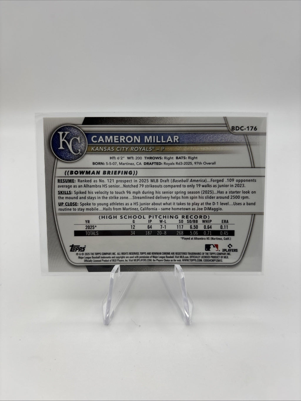 2025 Bowman Draft - Cameron Millar #BDC-176 Bubblegum Refractor SSP