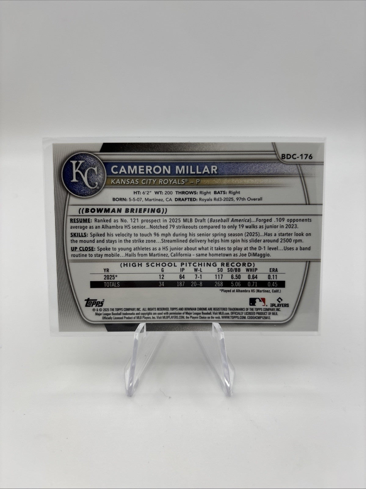 2025 Bowman Draft - Cameron Millar #BDC-176 Bubblegum Refractor SSP