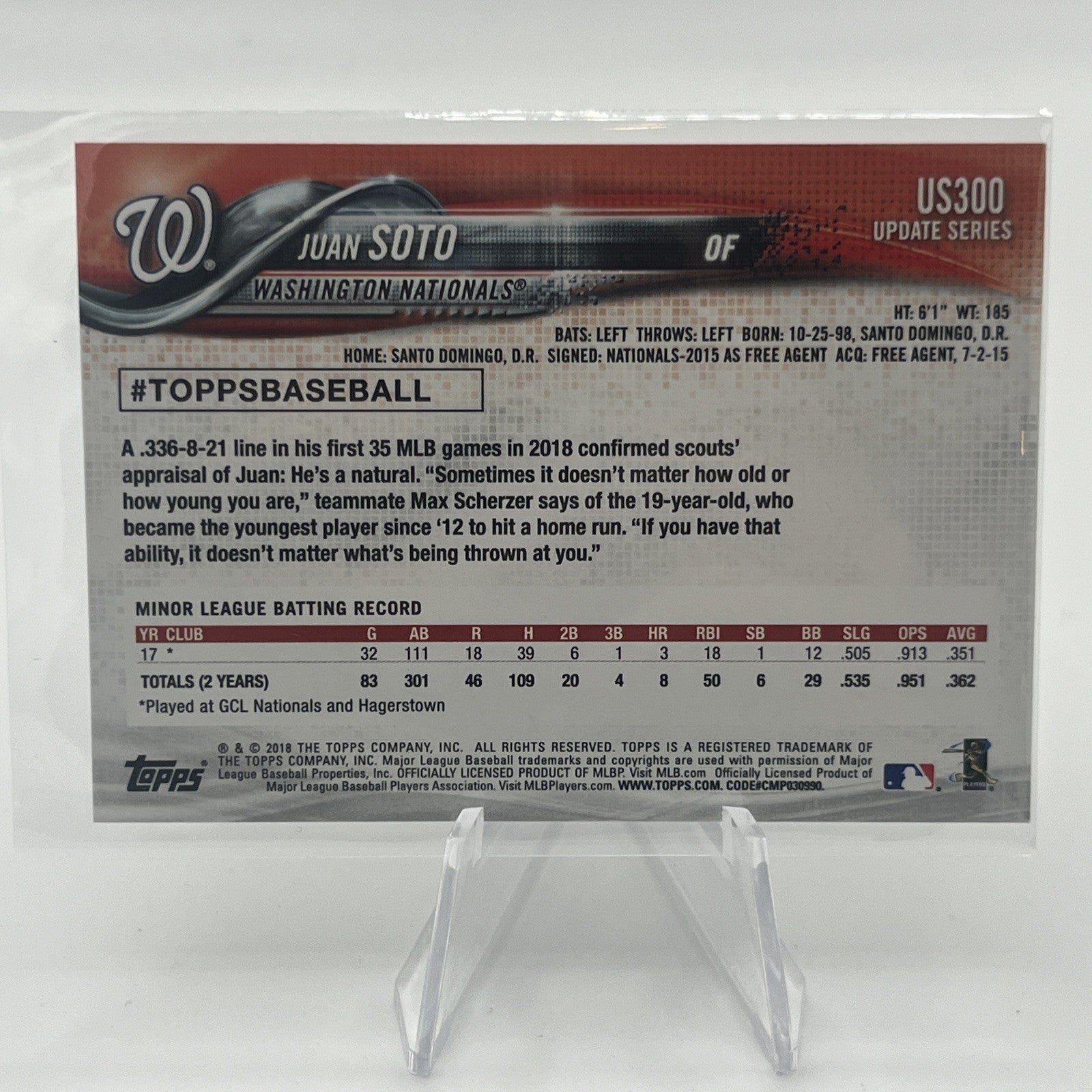 2018 Topps Juan Soto #US300 RC Rookie Washington Nationals