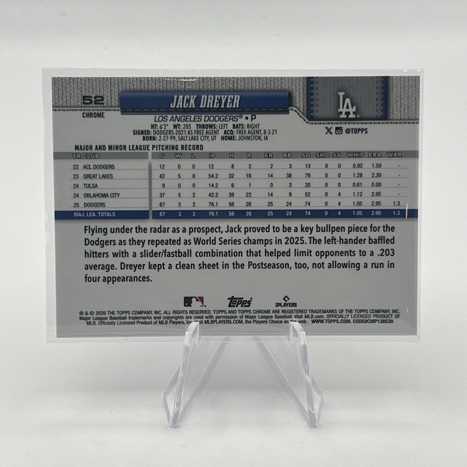 2025 Topps Chrome Update #USC39 Jack Dreyer Pink Refractor #/250 Rookie Cup