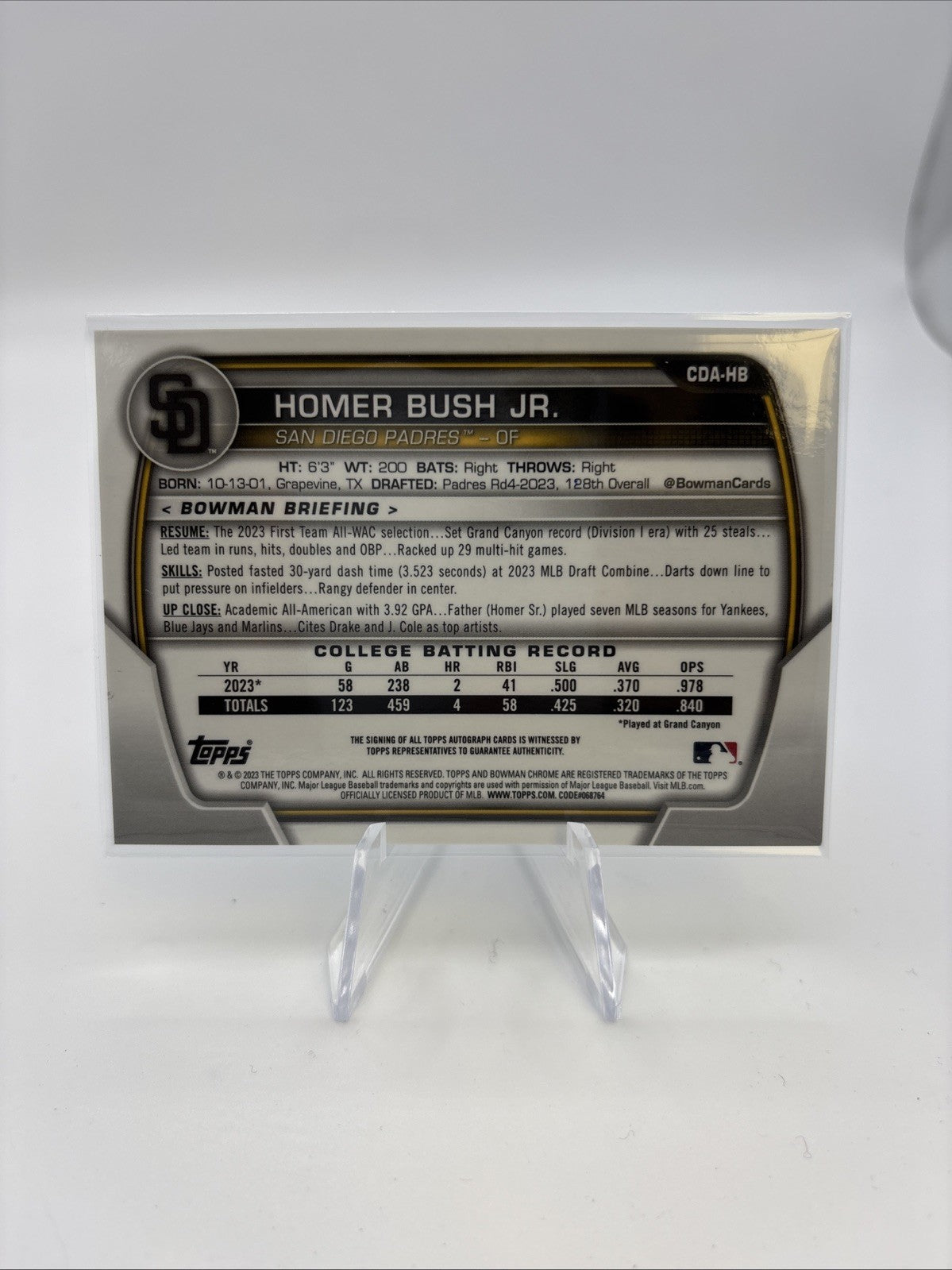 2023 Bowman Draft - Chrome Prospect Autographs Homer Bush Jr. #CDA-HB (AU, RC)