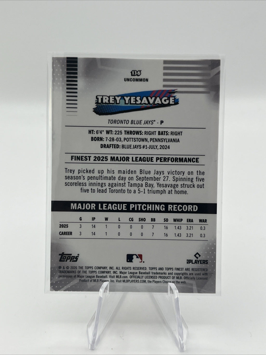 Trey Yesavage 2026 Topps Finest #136 Uncommon RC Blue Jays RARE