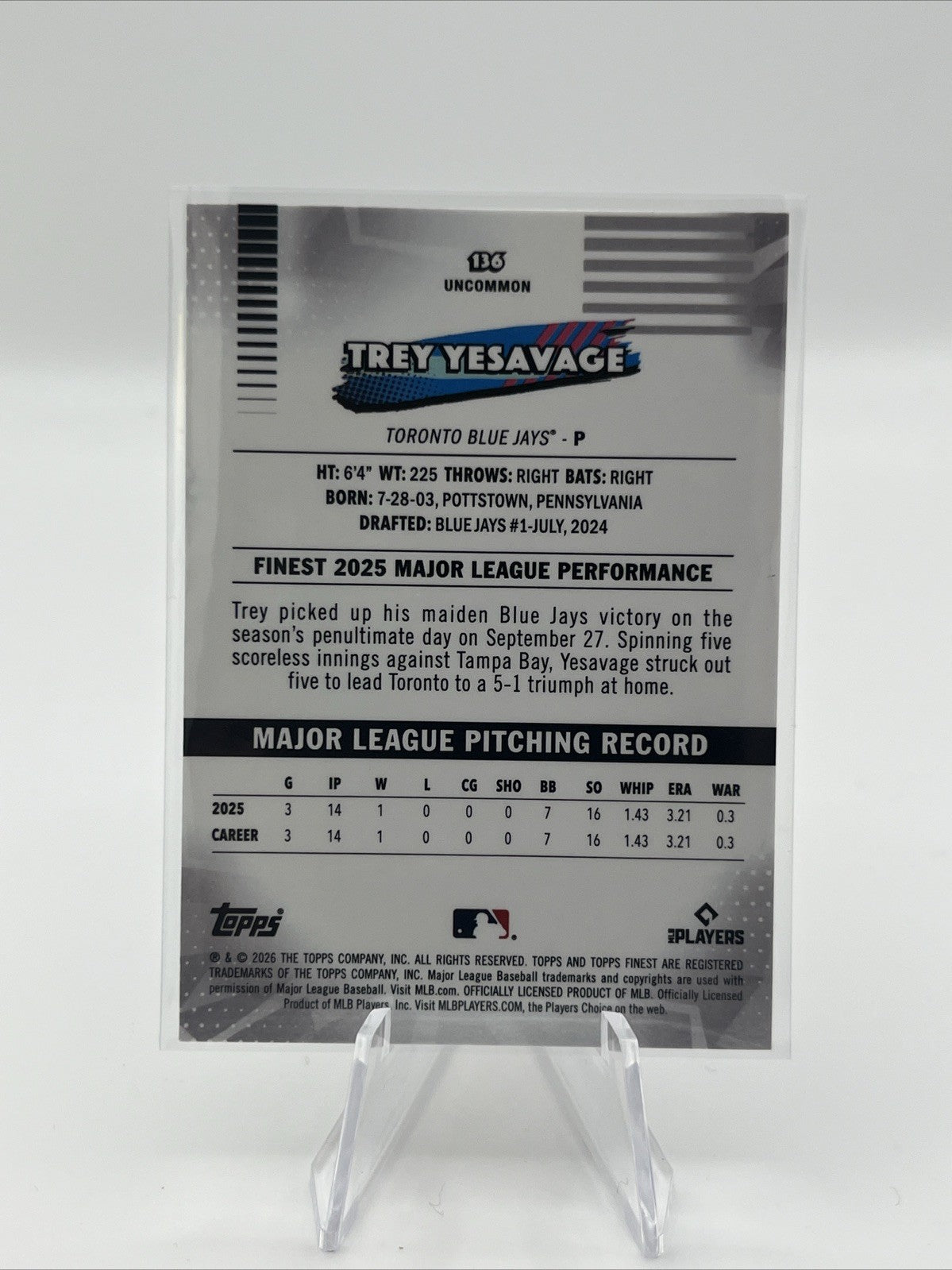 Trey Yesavage 2026 Topps Finest #136 Uncommon RC Blue Jays RARE