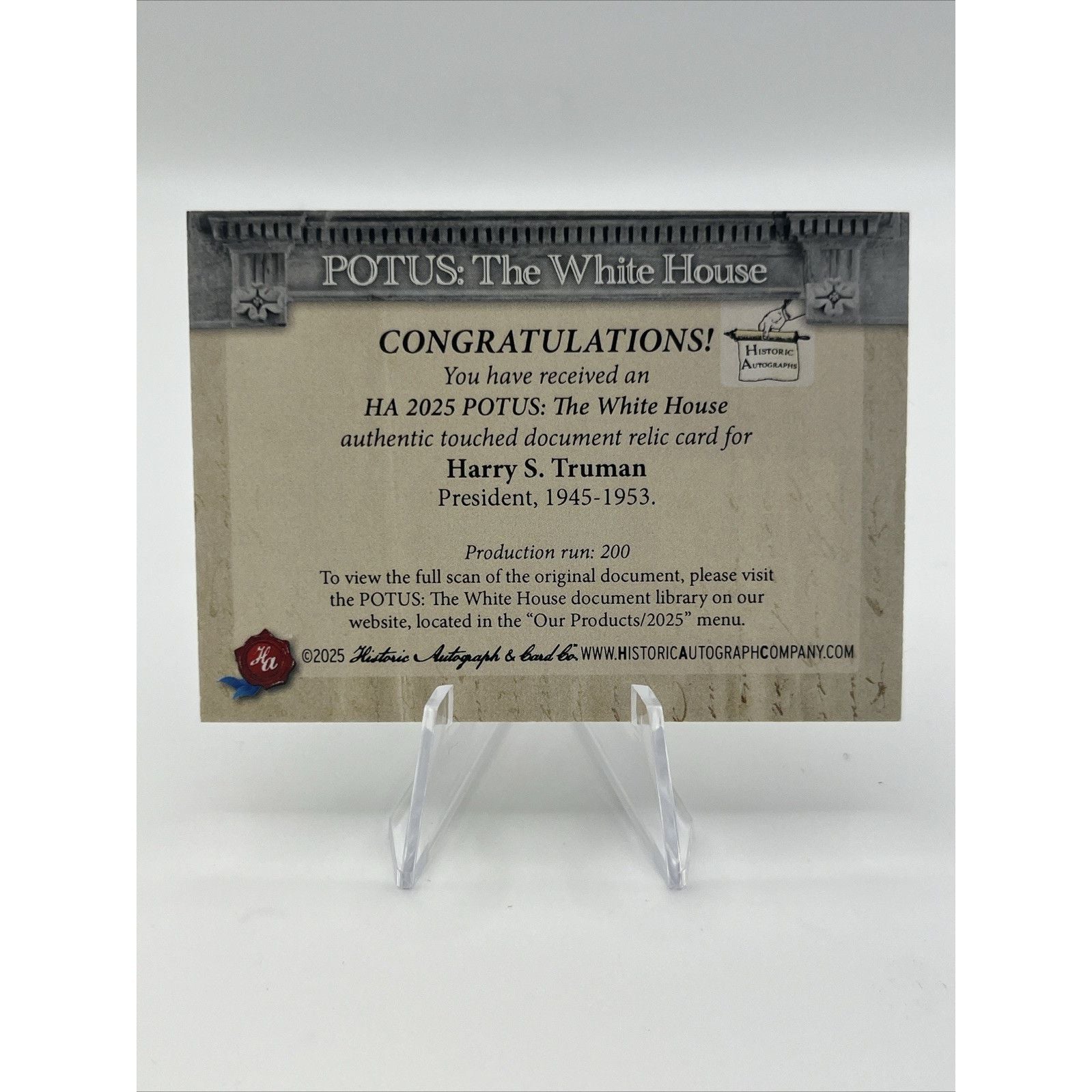 2025 Historic Autographs POTUS Harry S. Truman Touched #/200
