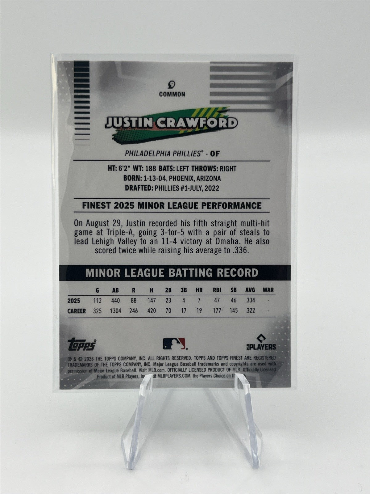 2026 Topps Finest Justin Crawford #9 Aqua Mini-Diamond Refractor /199 (RC)Common
