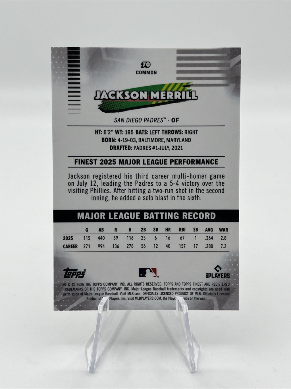 2026 Topps Finest Jackson Merrill #70 Gold Geometric Refractor #/50
