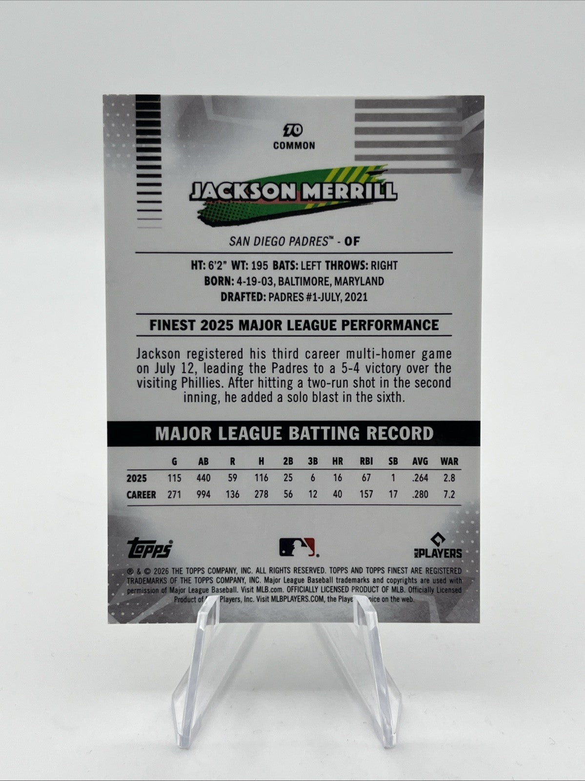 2026 Topps Finest Jackson Merrill #70 Gold Geometric Refractor #/50