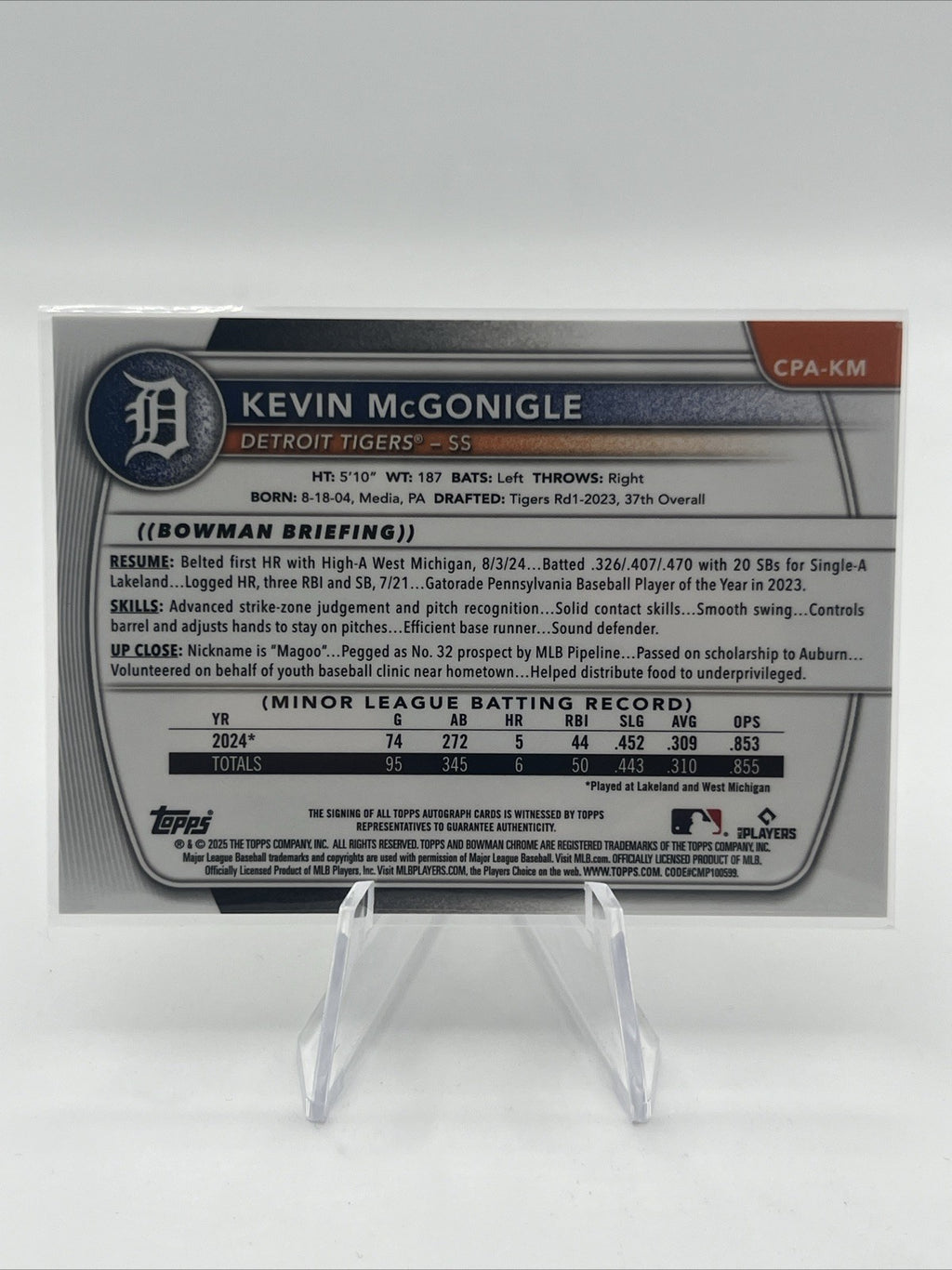 2025 Bowman Kevin McGonigle Chrome Reptilian Orange Refractor Auto #/25 Tigers
