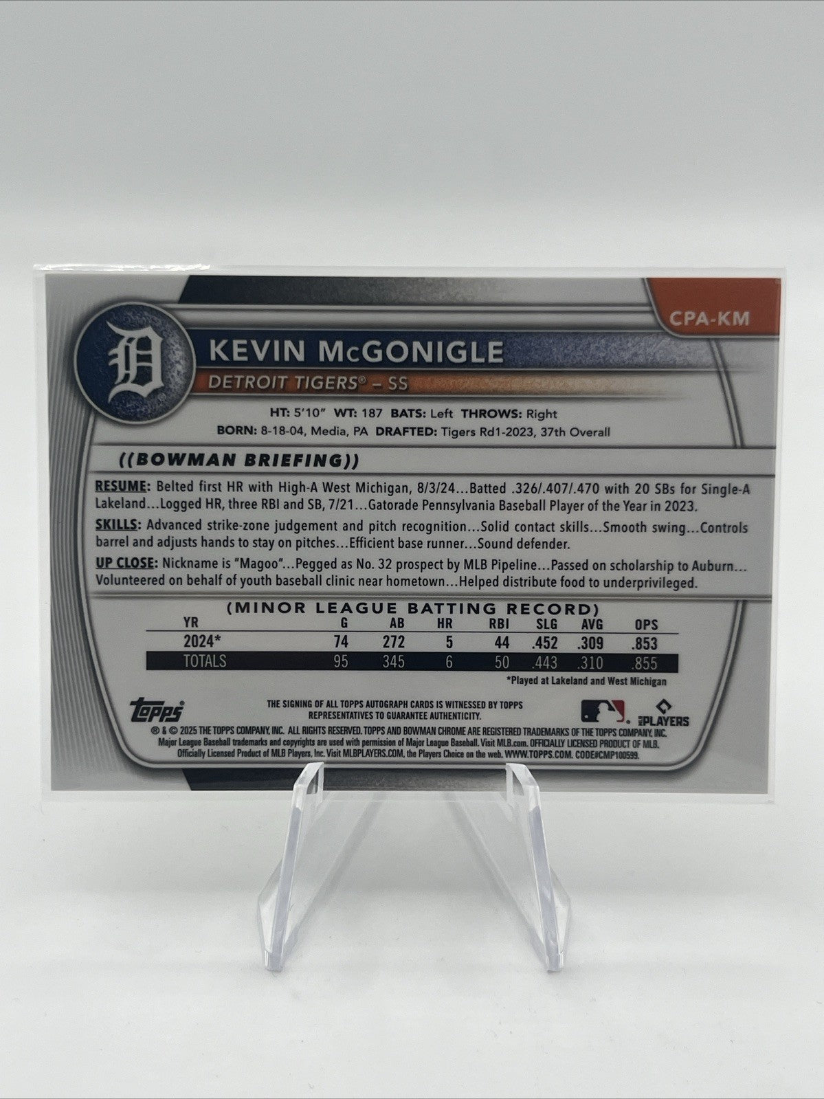 2025 Bowman Kevin McGonigle Chrome Reptilian Orange Refractor Auto #/25 Tigers