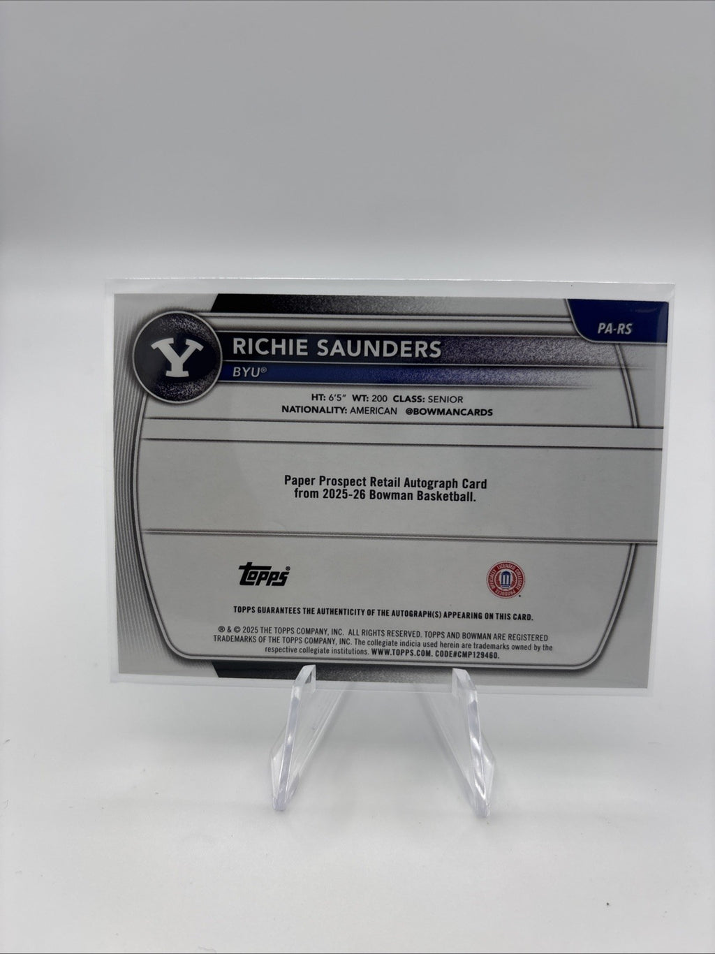 2025-26 Bowman - Paper Prospect Autographs Richie Saunders #PA-RS Blue /150 (AU,