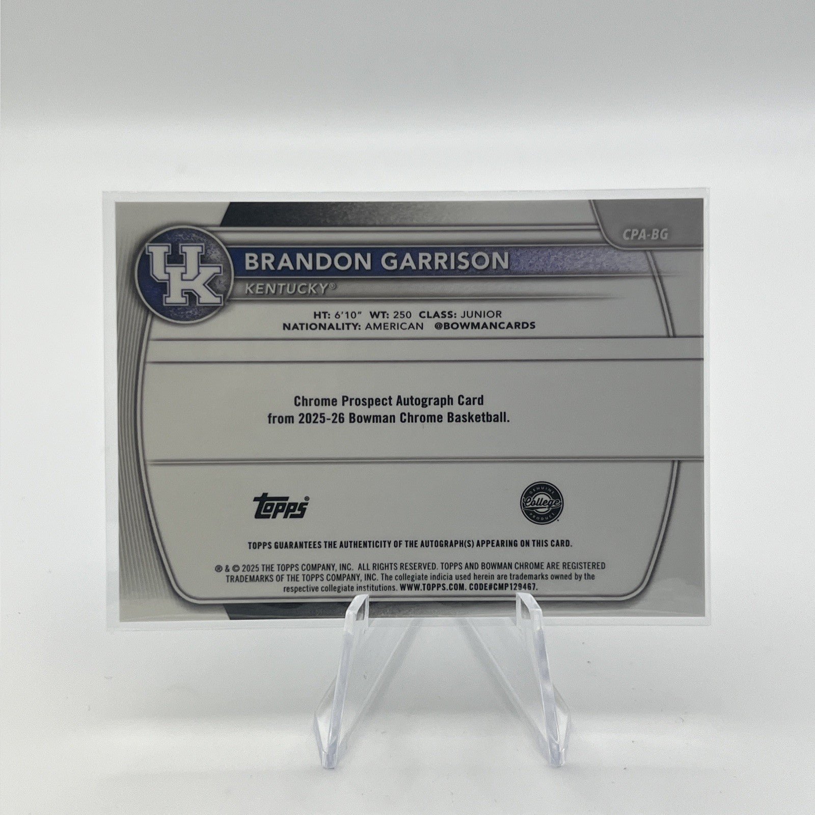 2025-26 Bowman Chrome U Brandon Garrison TRUE BLUE Refractor Auto #/150