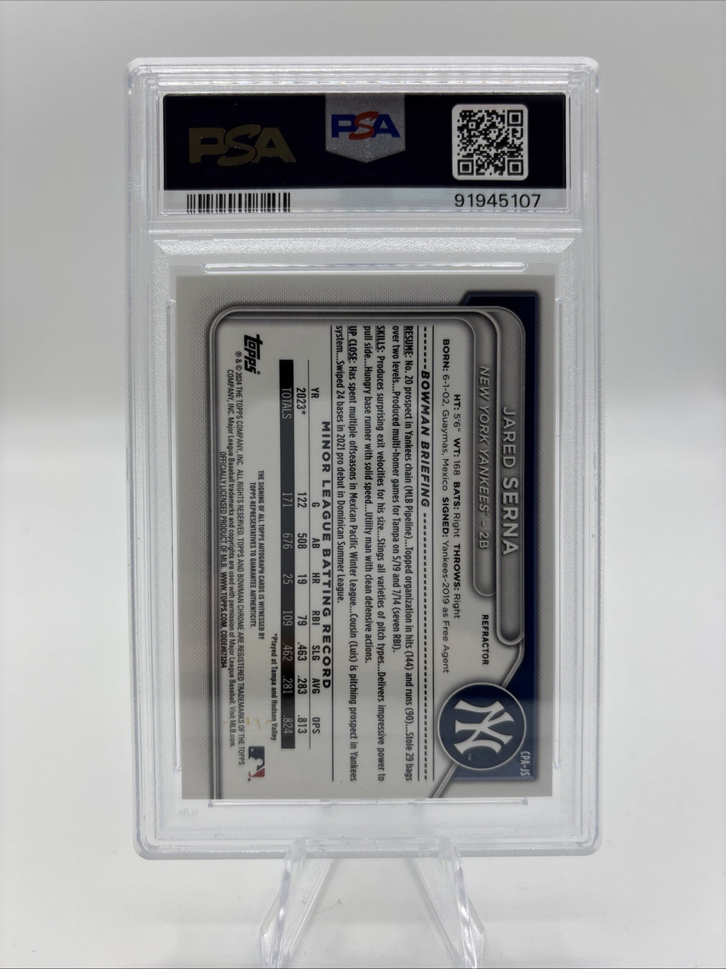 2024 Bowman Jared Serna Chrome Prospect Auto Refractor /499 PSA 10