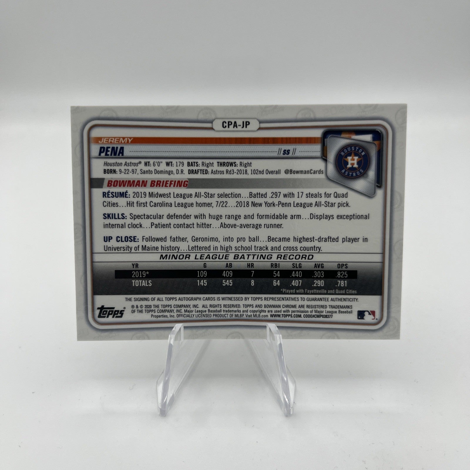 2020 Bowman Chrome Jeremy Pena 1st Prospect Speckle Auto Autograph #CPA-JP /299