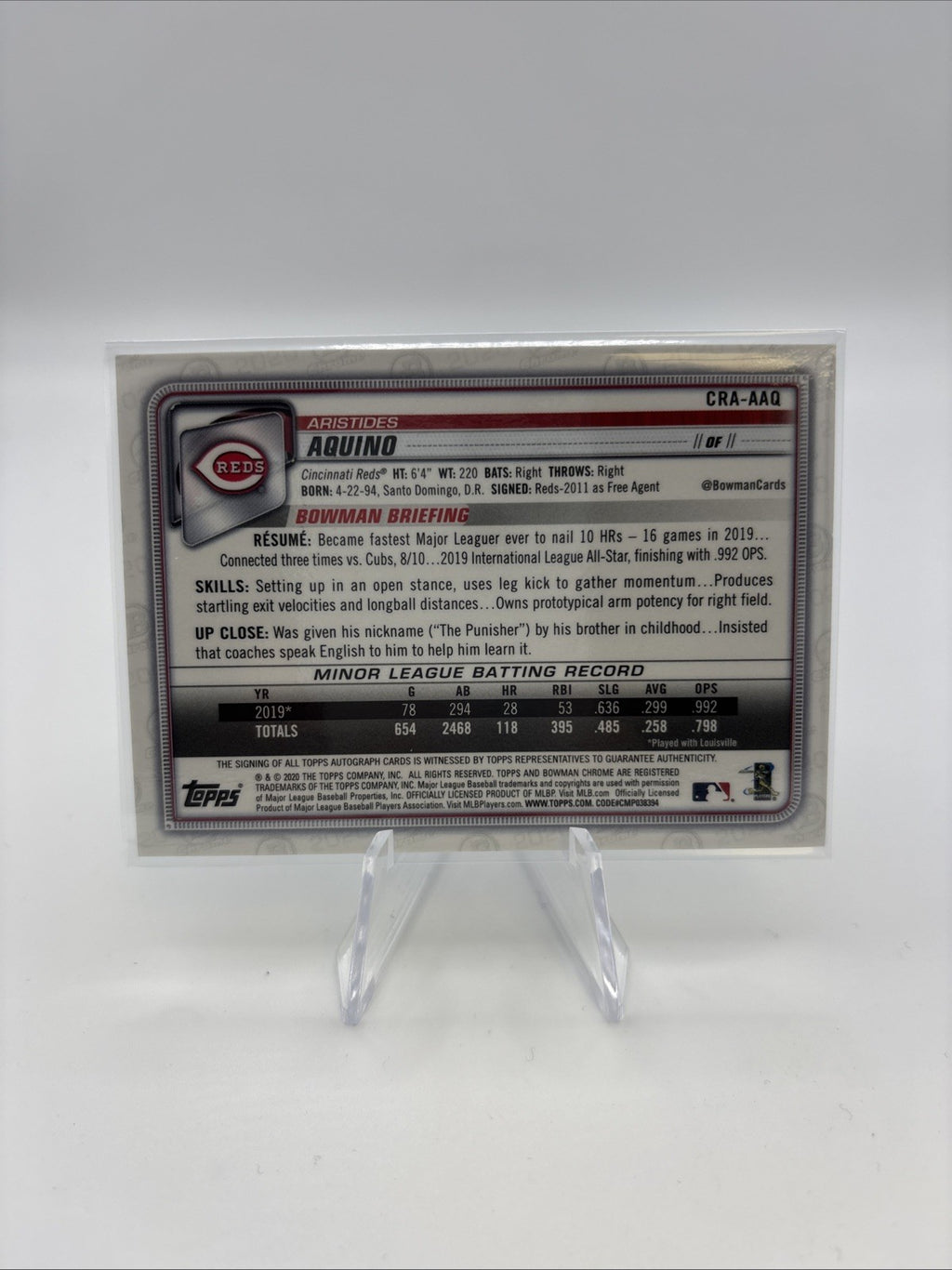 2020 Bowman Chrome Rookie Auto Aristides Aquino #CRA-AAQ Atomic Refractor /100