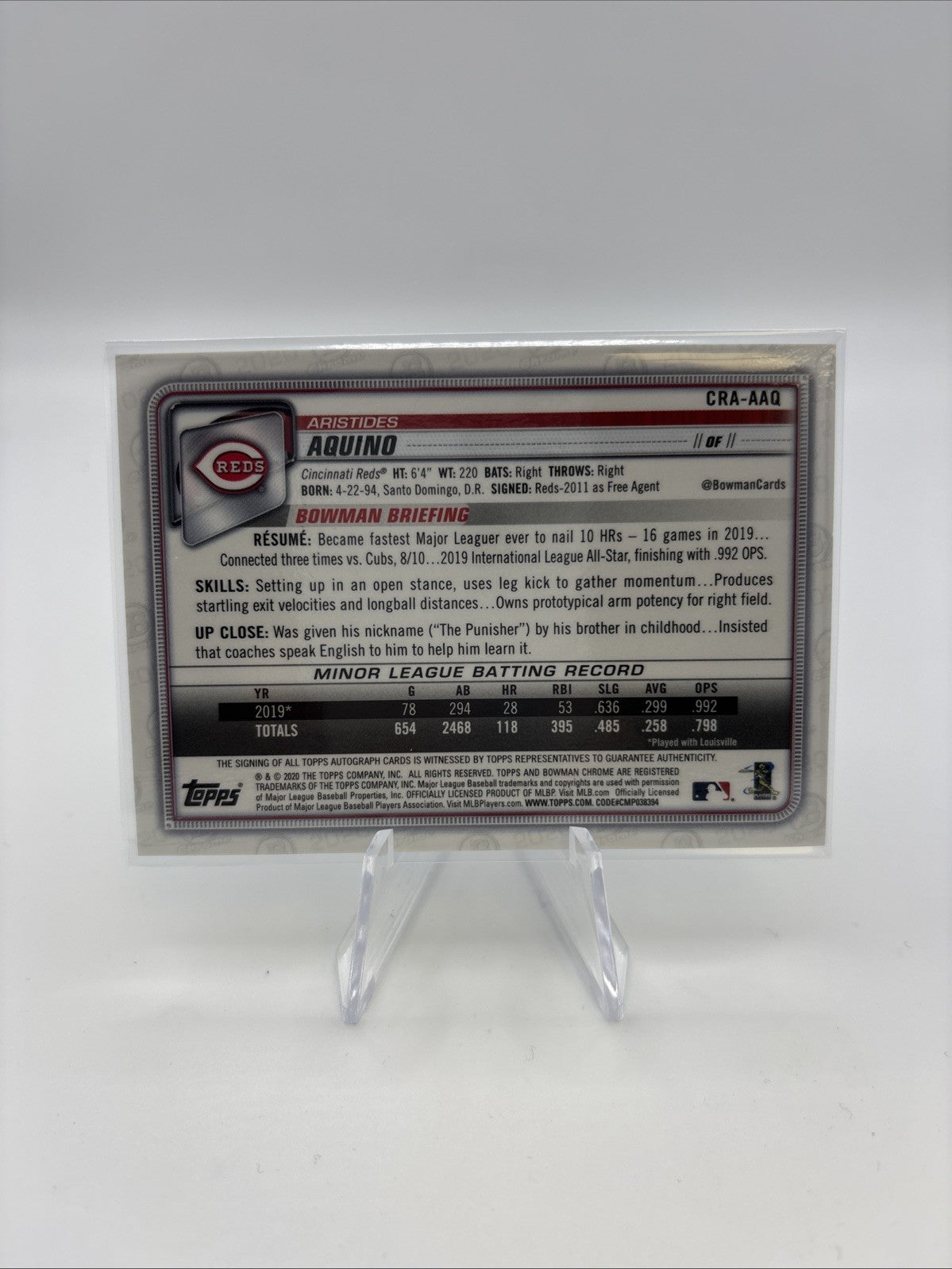 2020 Bowman Chrome Rookie Auto Aristides Aquino #CRA-AAQ Atomic Refractor /100
