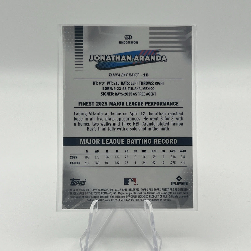2026 Topps Finest Jonathan Aranda #173 Uncommon Purple X-Fractor #/75 RAYS
