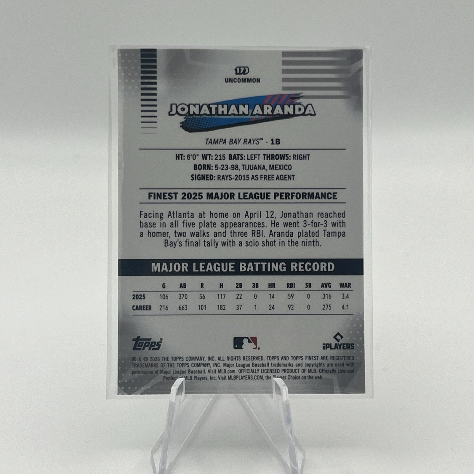 2026 Topps Finest Jonathan Aranda #173 Uncommon Purple X-Fractor #/75 RAYS
