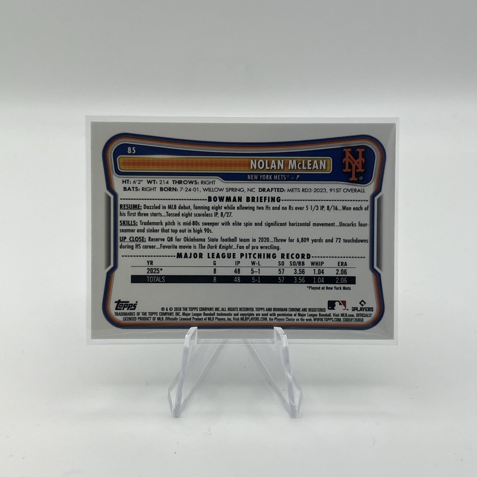 2026 Bowman Nolan McLean #85 Chrome Red Rookie Refractor (RC) New York Mets SP