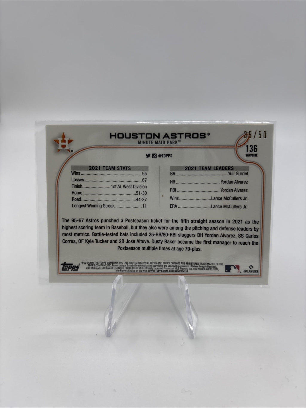 2022 Topps Chrome Sapphire Edition Gold #/50 - Houston Astros #136