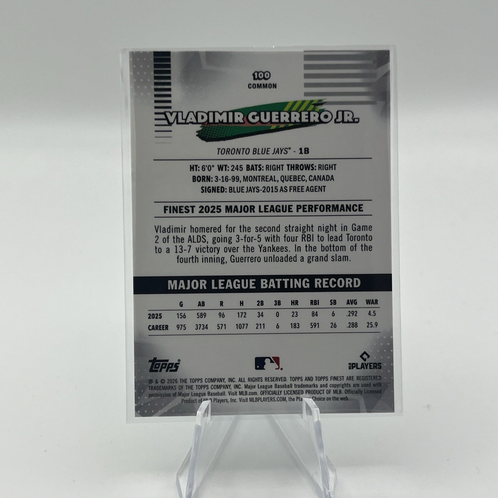 2026 Topps Finest Baseball Vladimir Guerrero Jr. #100 Aqua Refractor #/199