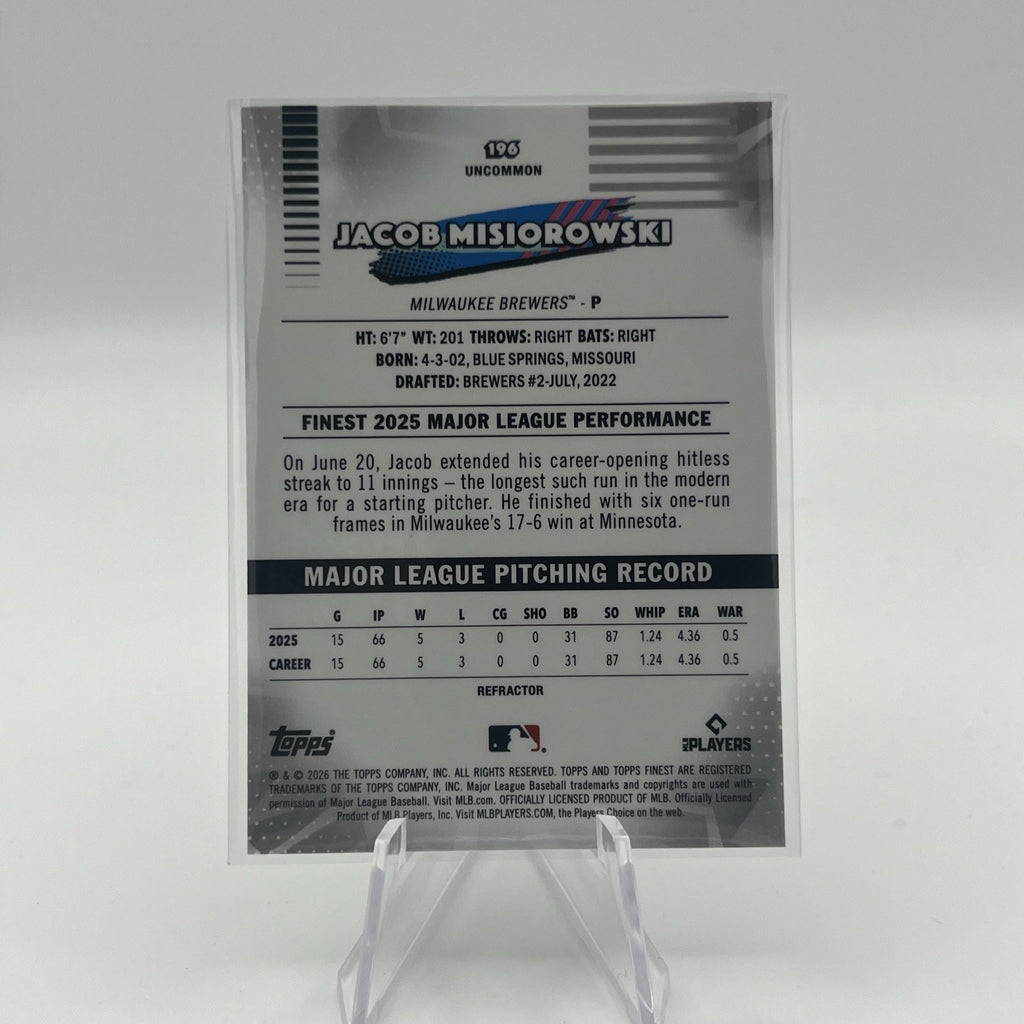 2026 Topps Finest – Jacob Miziorowski Uncommon Refractor #196 Rookie Card ￼