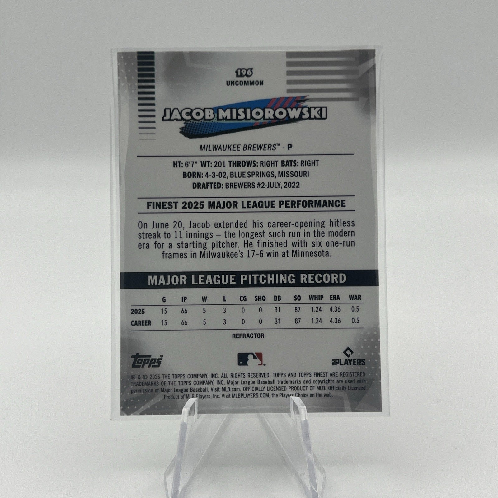 2026 Topps Finest – Jacob Miziorowski Uncommon Refractor #196 Rookie Card ￼