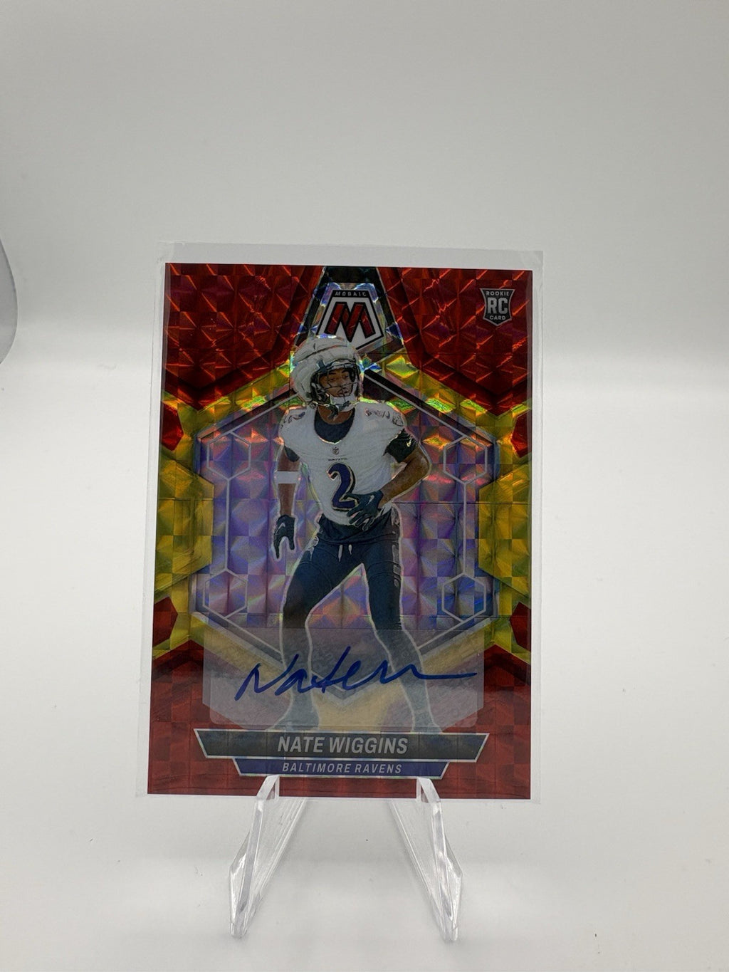 2024 Panini Mosaic Nate Wiggins Red/Yellow RC Auto #330 Baltimore Ravens
