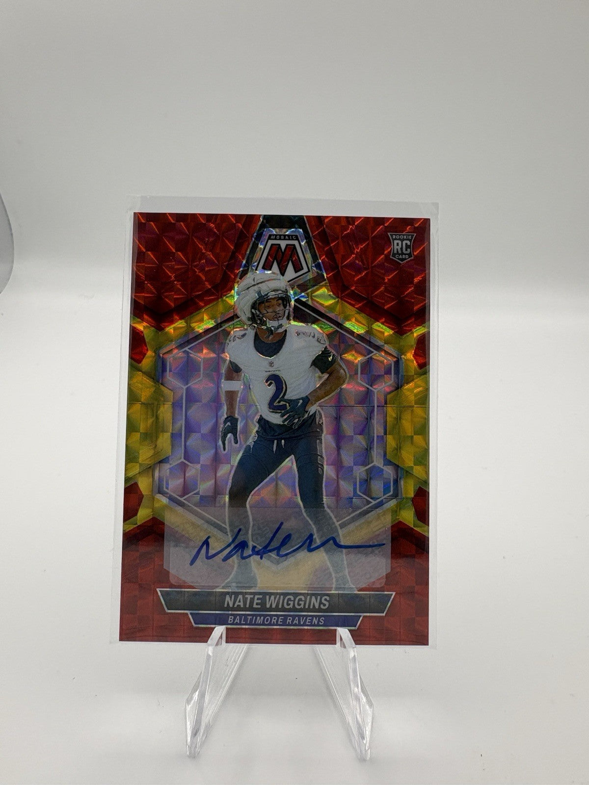 2024 Panini Mosaic Nate Wiggins Red/Yellow RC Auto #330 Baltimore Ravens
