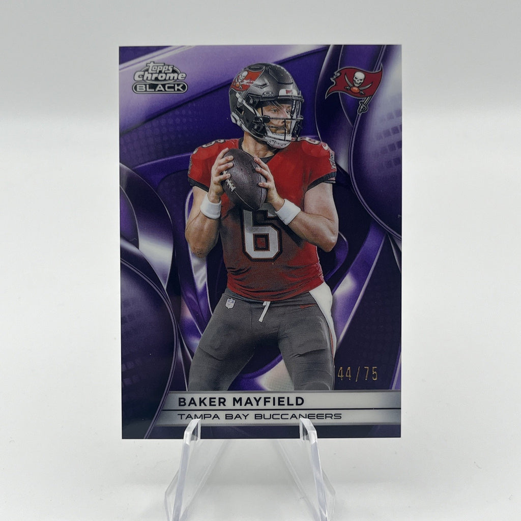 2025 Topps Chrome Black Baker Mayfield #95 Purple Refractor #/75