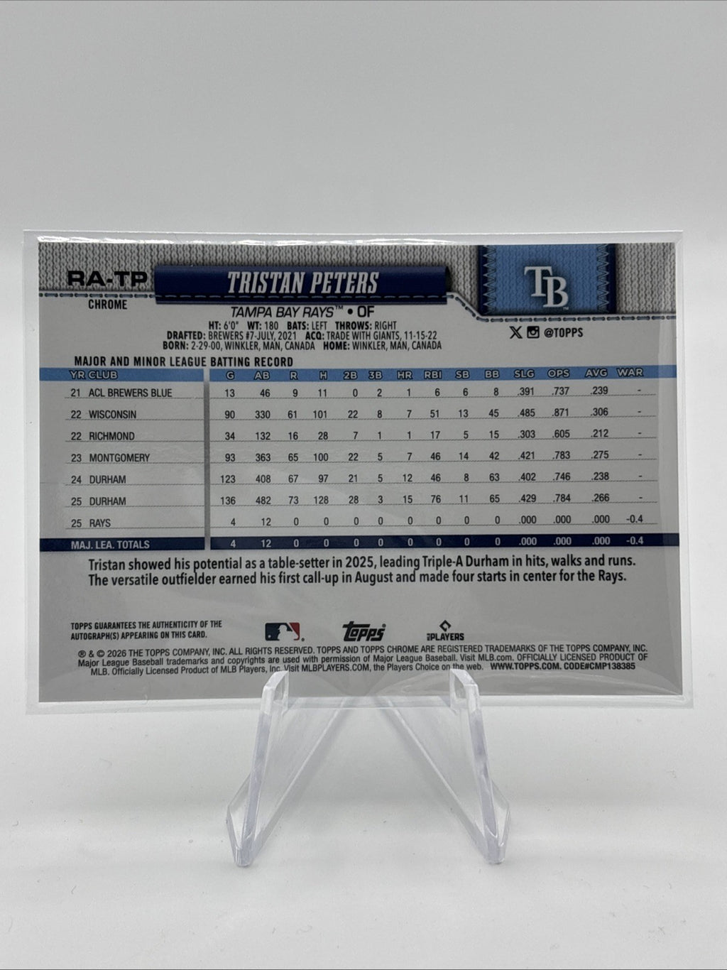 2026 Topps Chrome Auto #RA-TP Tristan Peters Rookie Autographs Tampa Bay Rays