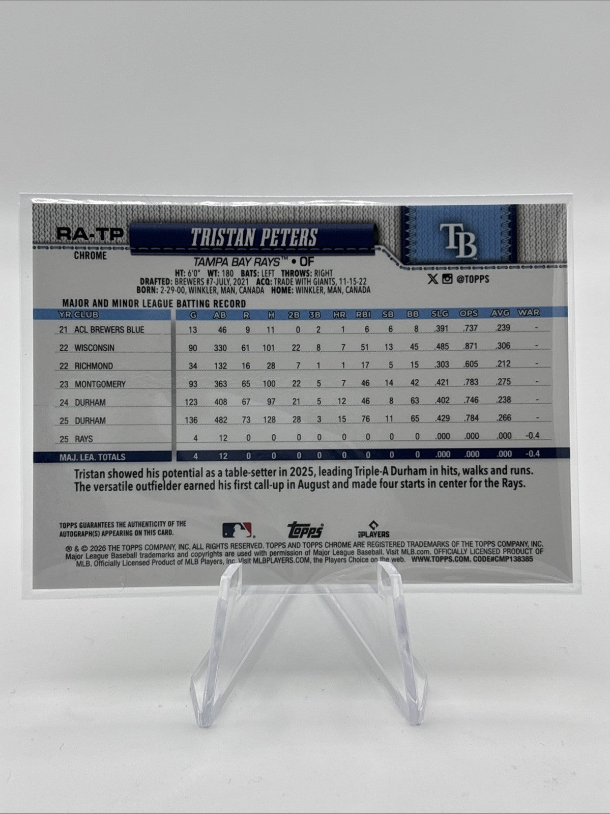 2026 Topps Chrome Auto #RA-TP Tristan Peters Rookie Autographs Tampa Bay Rays