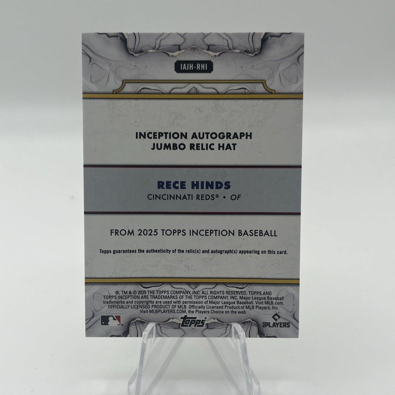 2025 Topps Inception #IAJH-RHI Rece Hinds Jumbo Relic Hat #/5 RC