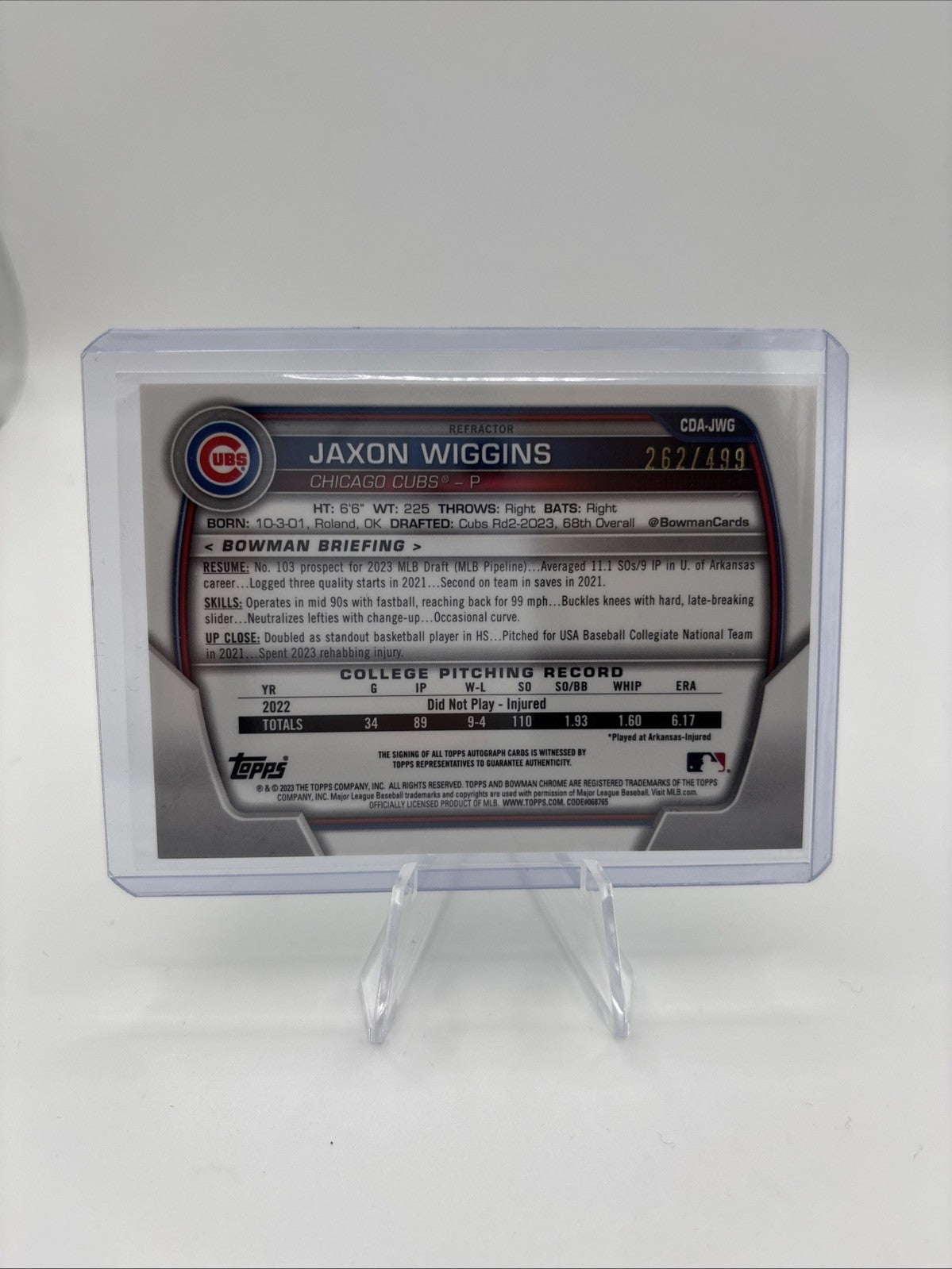 2023 Bowman Draft - Chrome Prospect Autographs Jaxon Wiggins #CDA-JWG Refractor