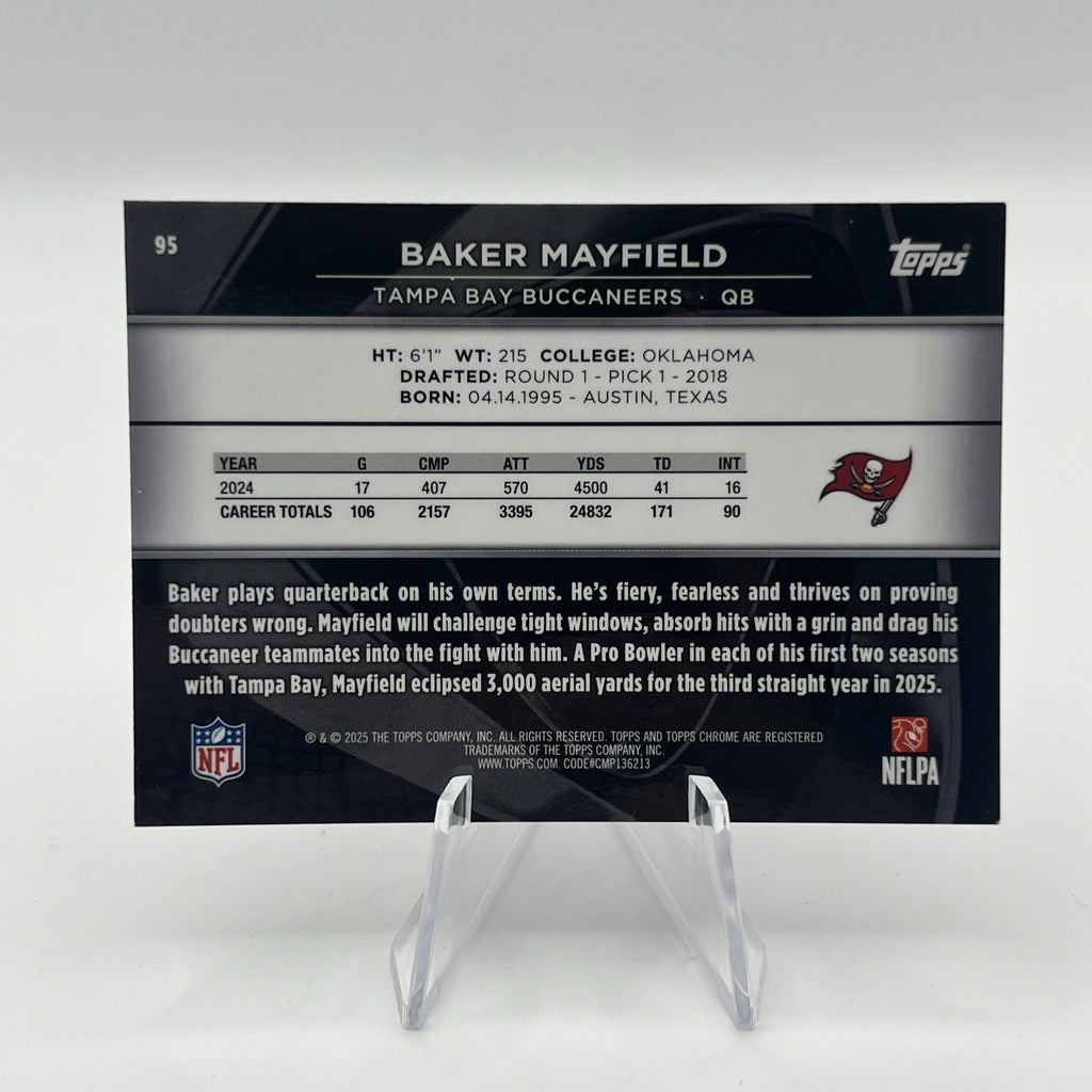 2025 Topps Chrome Black Baker Mayfield #95 Purple Refractor #/75