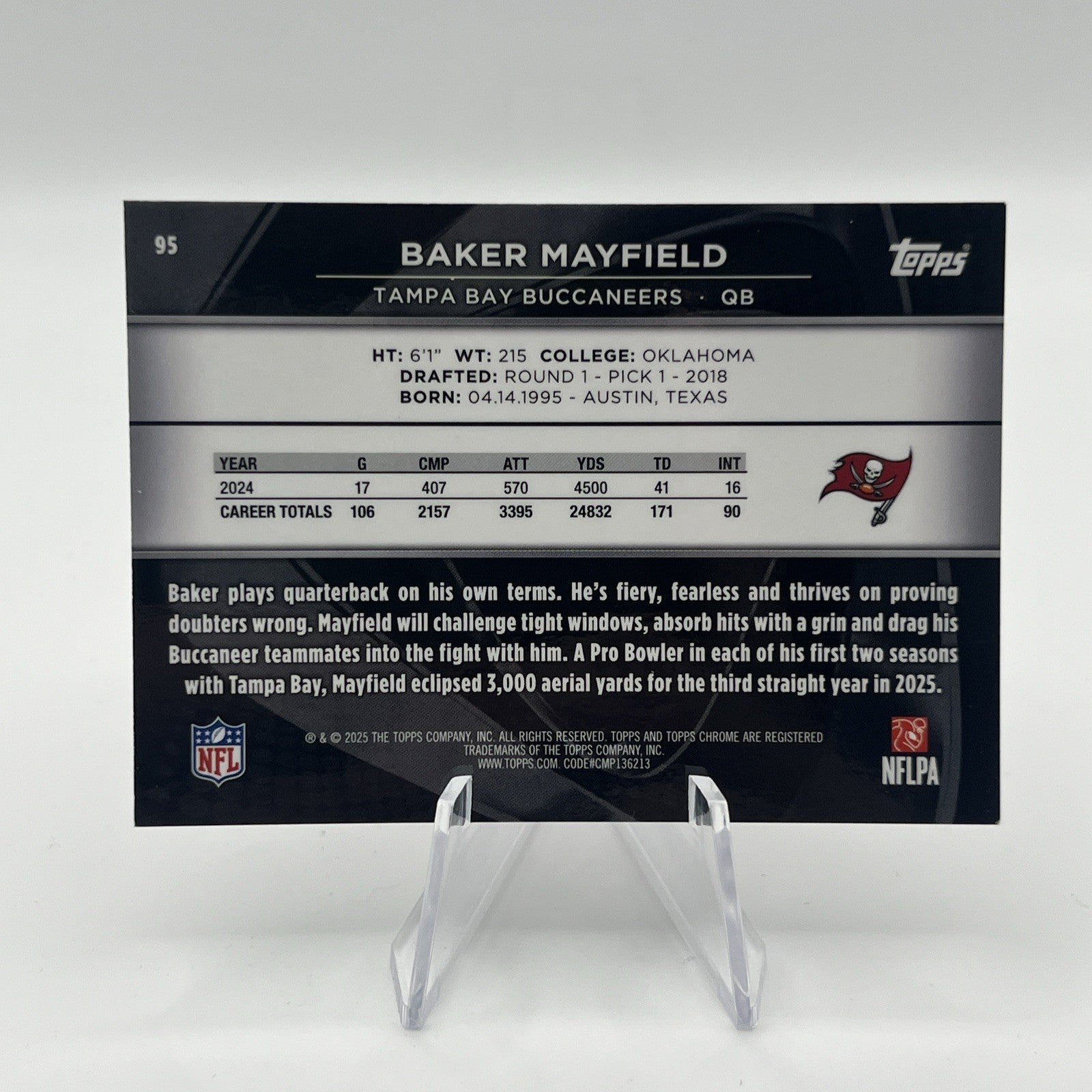 2025 Topps Chrome Black Baker Mayfield #95 Purple Refractor #/75