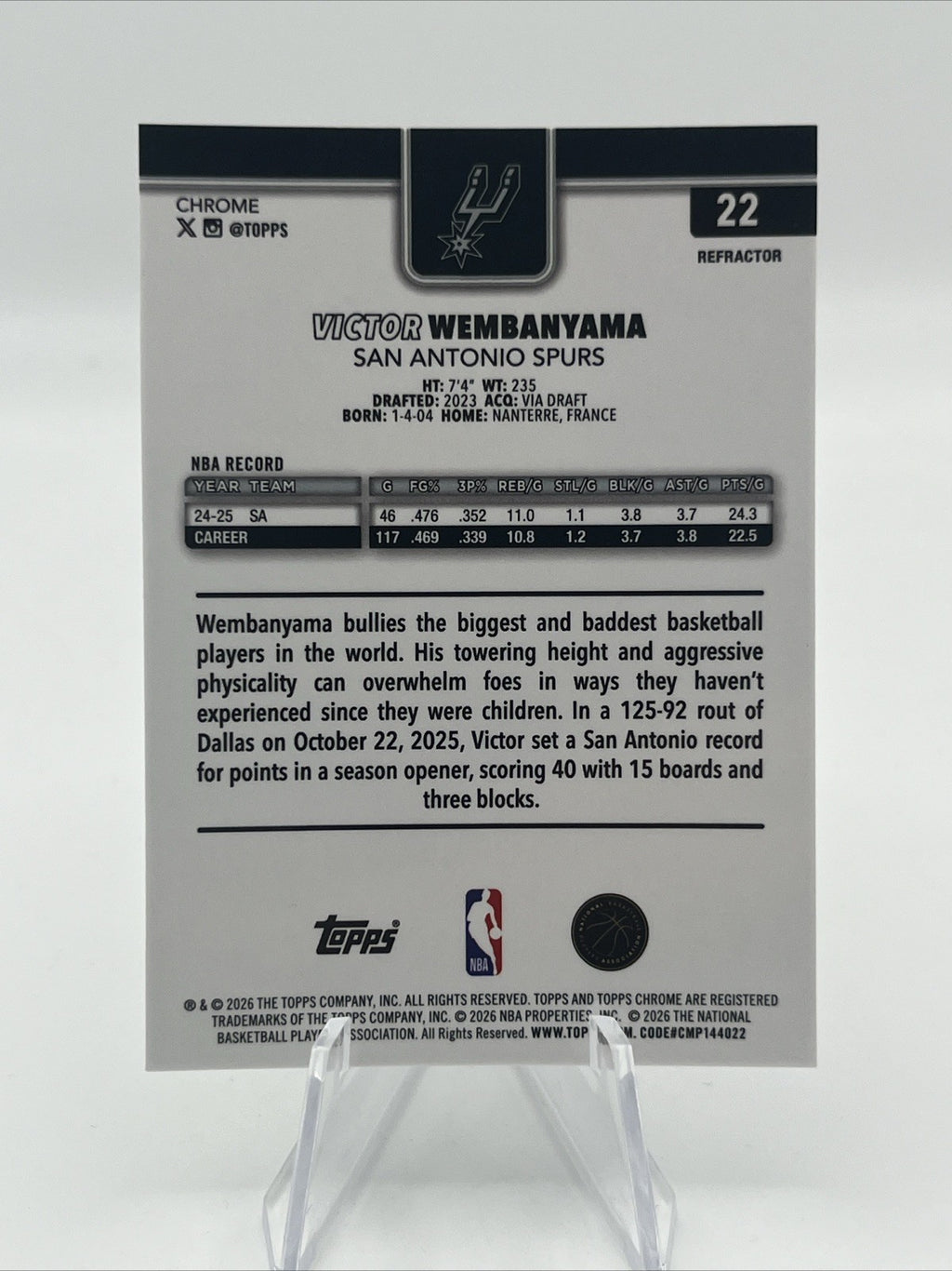 2025-26 Topps Chrome Update Silver Refractor Victor Wembanyama #22 Spurs