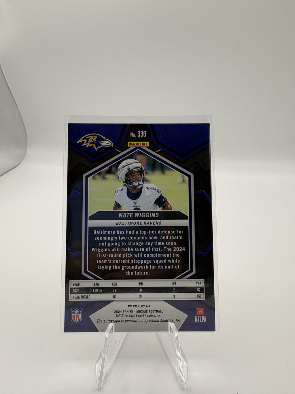 2024 Panini Mosaic Nate Wiggins Red/Yellow RC Auto #330 Baltimore Ravens