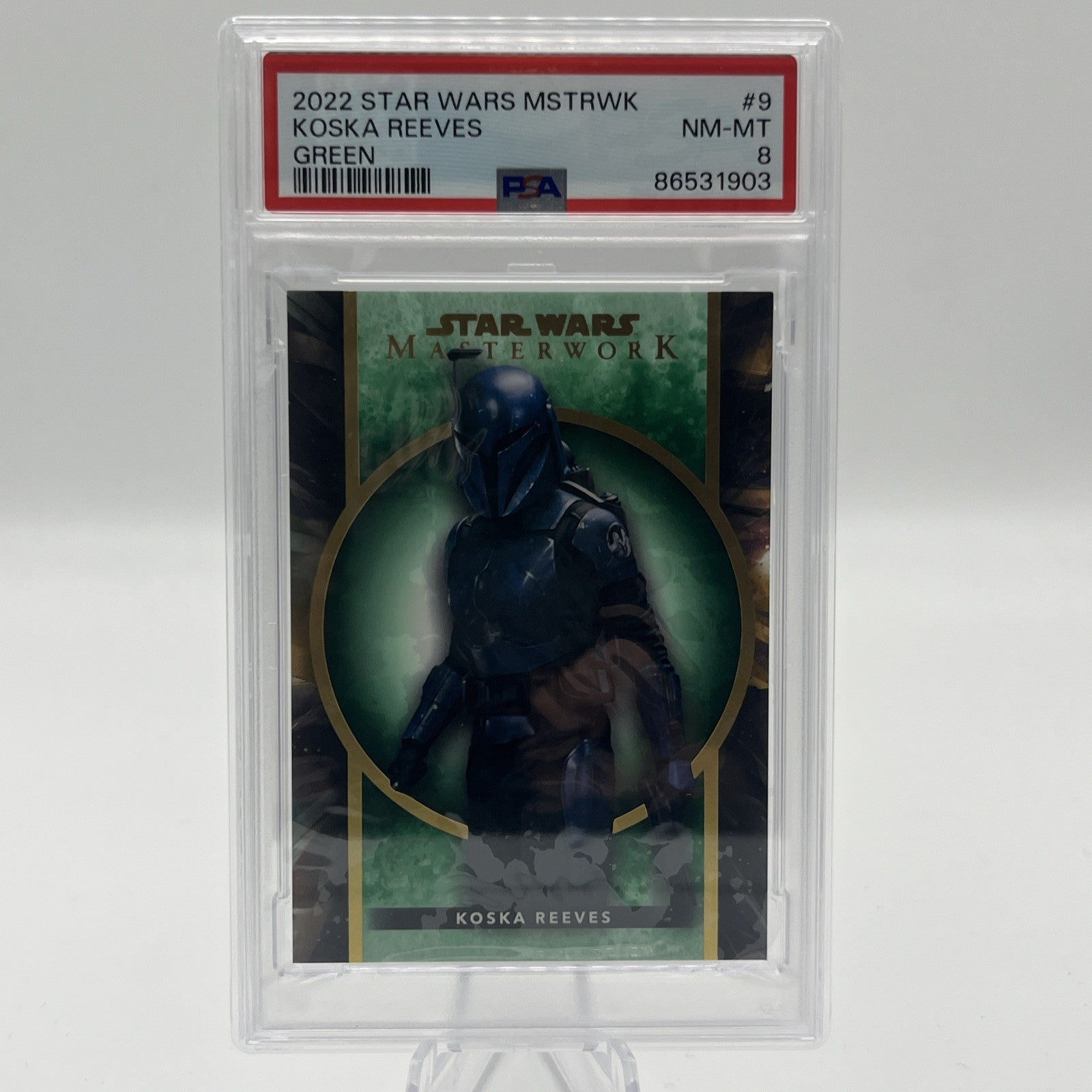 2022 TOPPS STAR WARS MASTERWORK #9 KOSKA REEVES  #/99 GREEN MANDALORIAN PSA 8